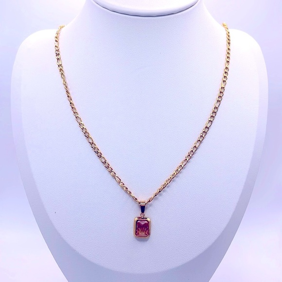 LOVEISH Jewelry - 18k Gold Plated Cubic Zirconia Pendant Figaro Chain Necklace